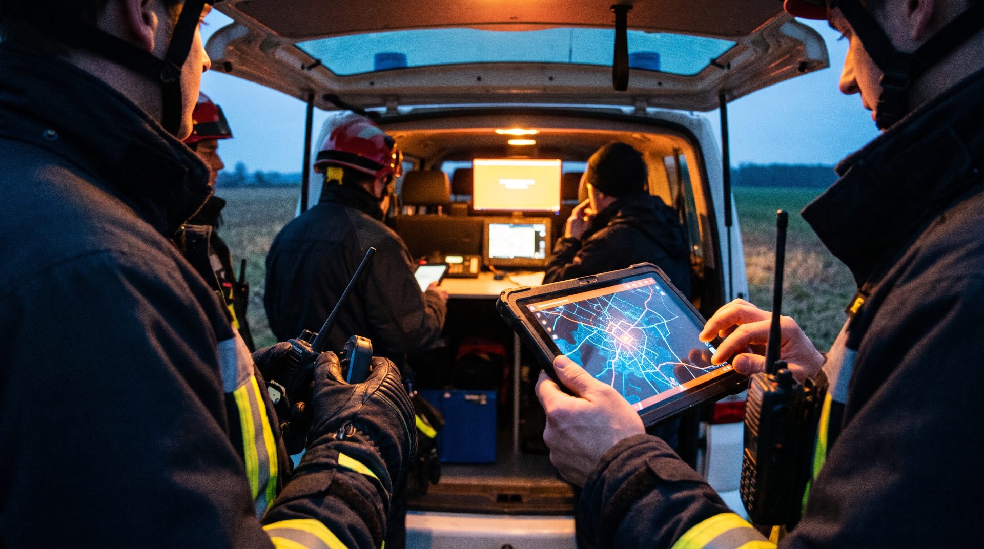 Fire crew reviewing a live map on a rugged tablet at the rear of a command vehicle